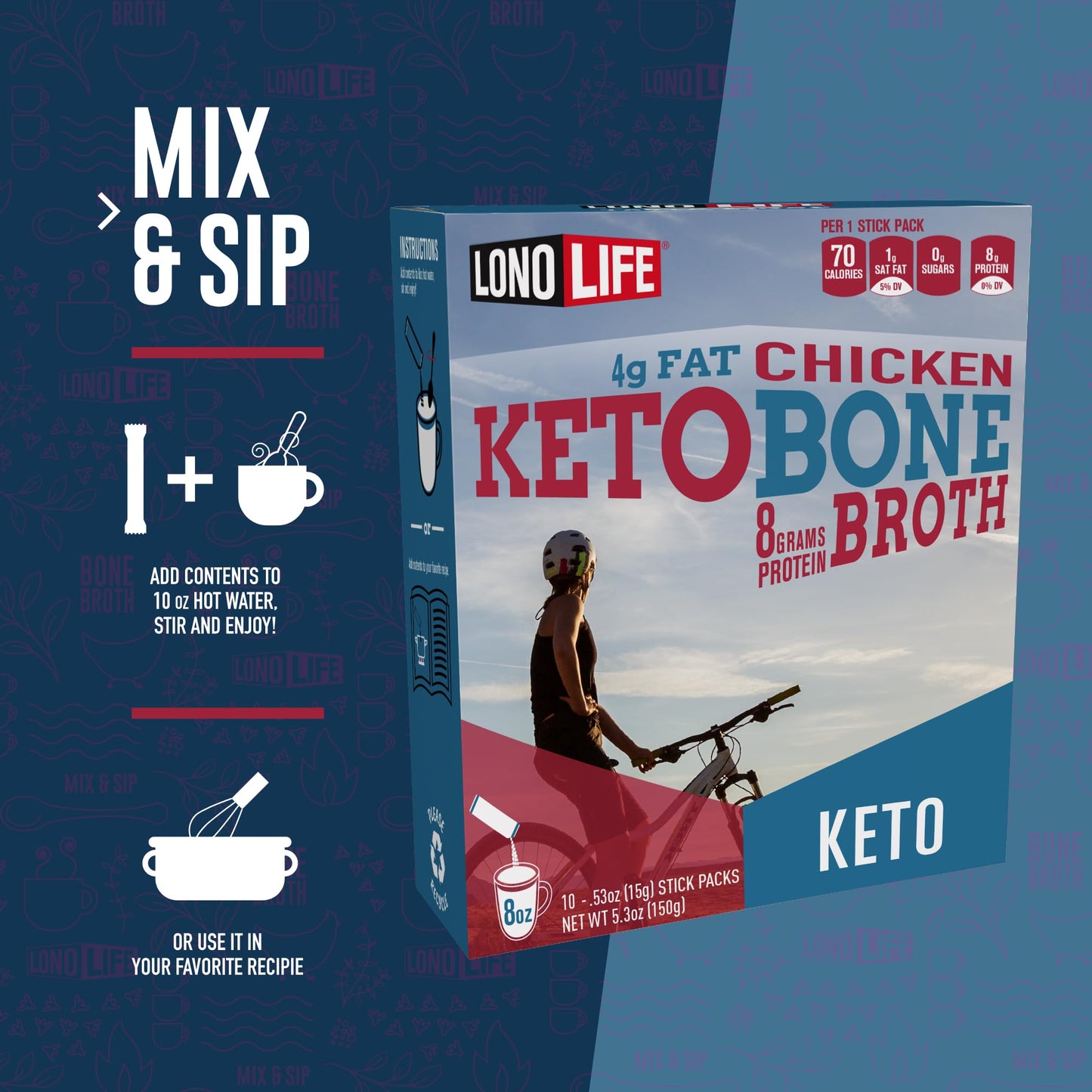 LonoLife Keto Chicken Bone Broth Powder Mix | 10g Protein | Collagen-Rich, Keto & Paleo Friendly | Natural Ingredients | 10 Portable Stick Pack Servings