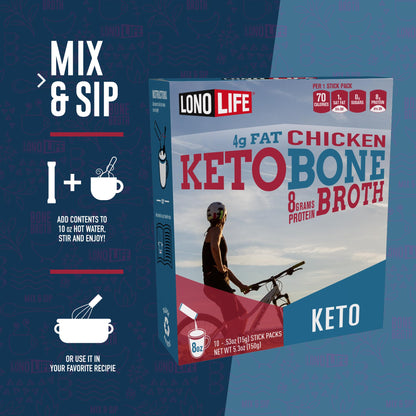 LonoLife Keto Chicken Bone Broth Powder Mix | 10g Protein | Collagen-Rich, Keto & Paleo Friendly | Natural Ingredients | 10 Portable Stick Pack Servings