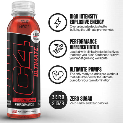 C4 Ultimate Non-Carbonated Zero Sugar Energy Drink, Pre Workout Drink + Beta Alanine, 12 Fl Oz (Pack of 12)