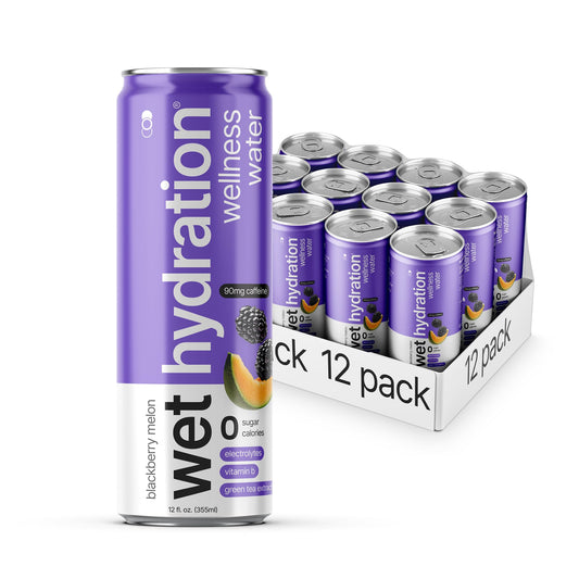 Wet Hydration | Functional Wellness Water, Non-Carbonated - Blackberry Melon (12 Ounce Cans, Pack of 12) - Flavored Water, Hydration Drink, No Sugar, No Artificial Ingredients, Zero Calories (Packaging May Vary)