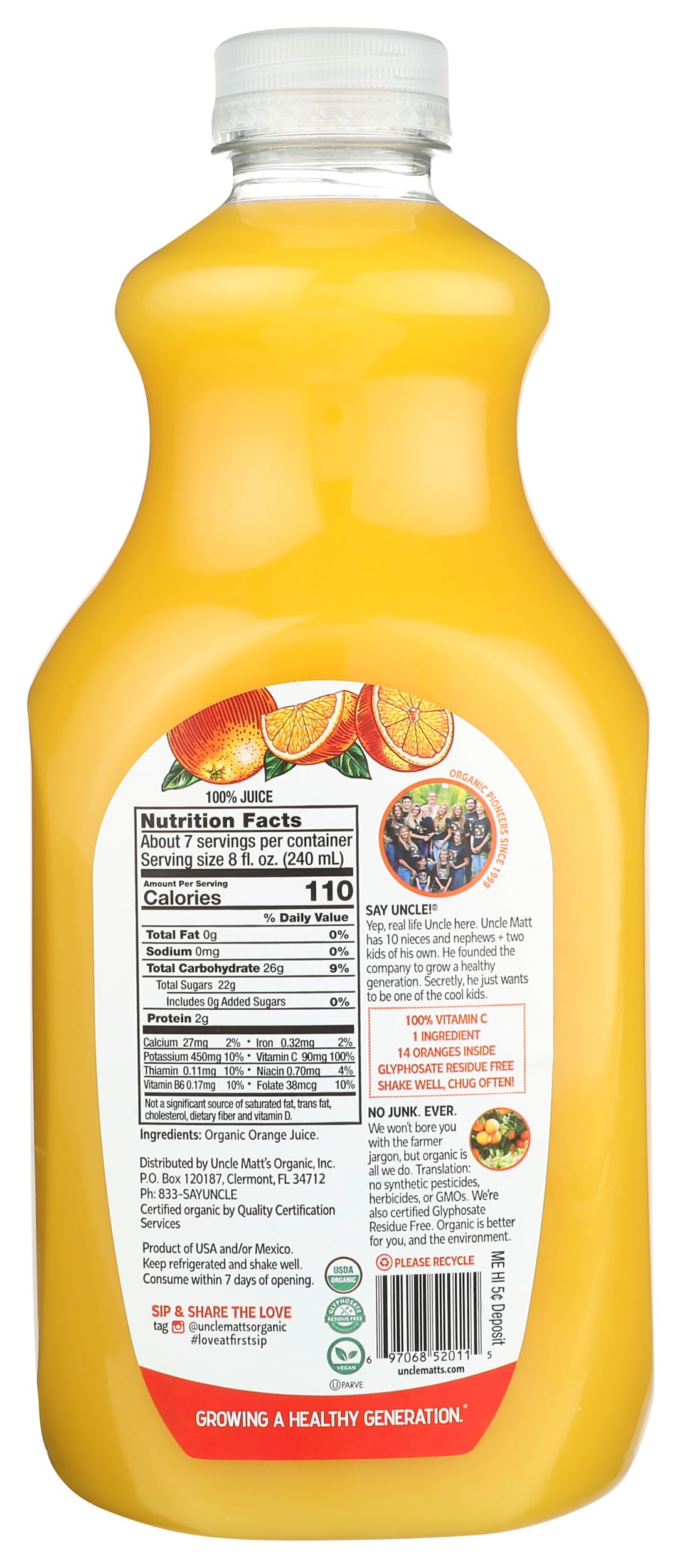 Uncle Matt's Organic Orange Juice Pulp Free, 52 Fl Oz Bottle