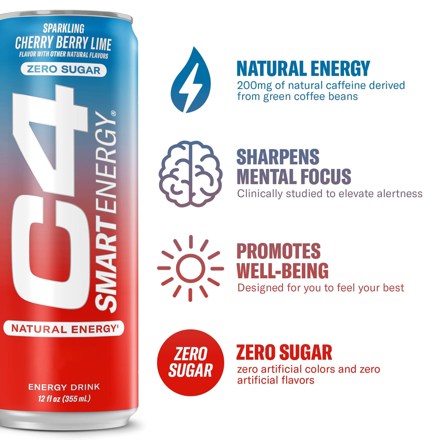Cellucor C4 Smart Energy Drink - Sugar Free Performance Fuel & Nootropic Brain Booster, Coffee Substitute or Alternative | Cherry Berry Lime 12 Oz - 12 Pack