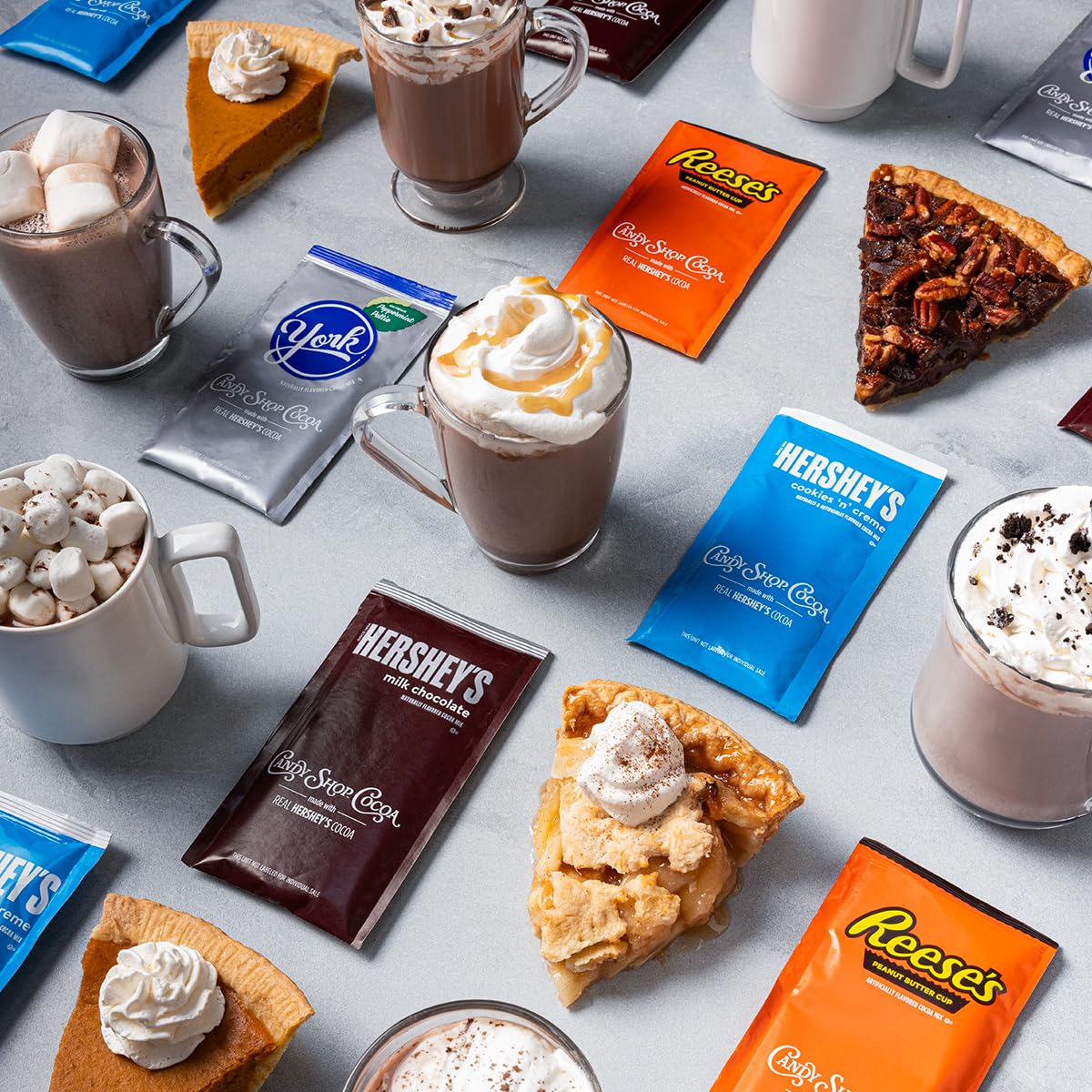 Candy Shop Cocoa Mix Variety Pack, Hot Chocolate, HERSHEY'S Milk Chocolate, REESE’S Peanut Butter Cup, YORK Peppermint Pattie, Make Hot or Iced, Made With Real Milk, 8 Packets Each (Pack of 24)