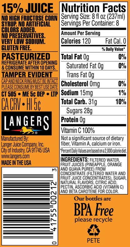 Langers Juice Cocktail, Pineapple Orange Guava, 64 Fl Oz (Pack of 8)