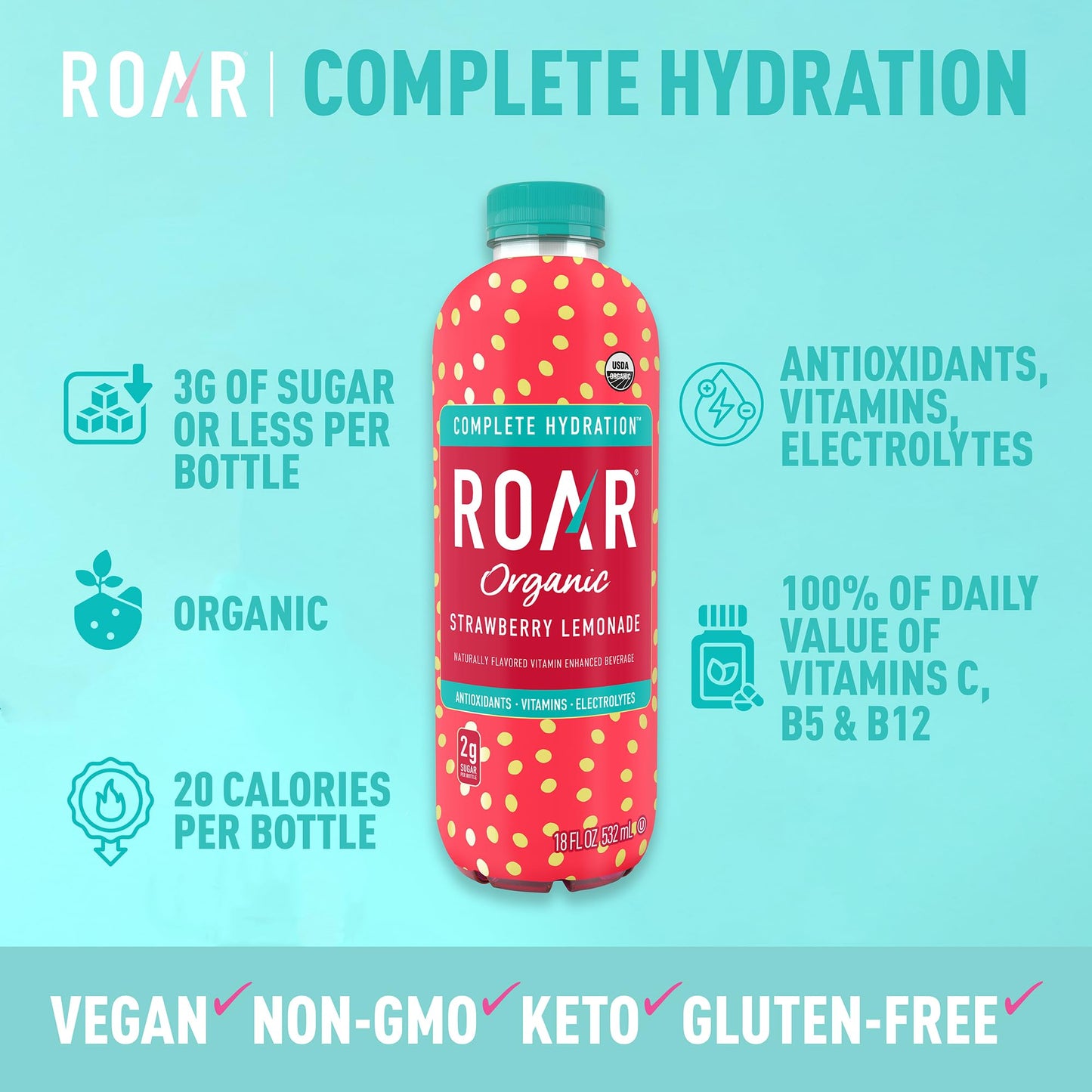ROAR Complete Hydration Organic - Electrolyte Drinks Loaded with Vitamins C, B5, B12 - Non-GMO, Gluten-Free - Strawberry Lemonade - 12 pc
