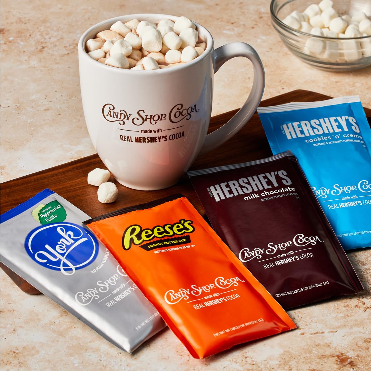 Candy Shop Cocoa Mix Variety Pack, Hot Chocolate, HERSHEY'S Milk Chocolate, REESE’S Peanut Butter Cup, YORK Peppermint Pattie, Make Hot or Iced, Made With Real Milk, 8 Packets Each (Pack of 24)