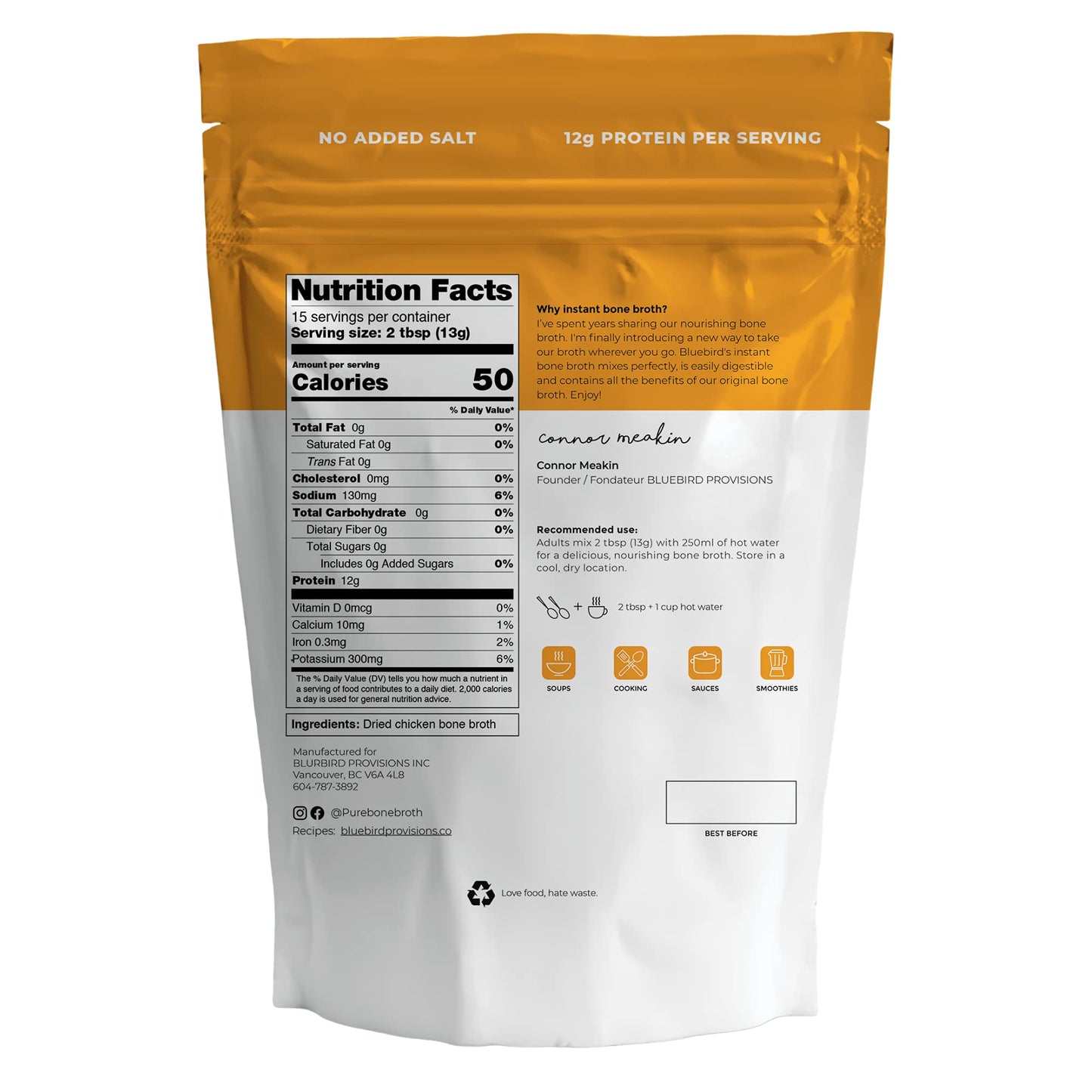 BLUEBIRD PROVISIONS Chicken Bone Broth Powder - Low Sodium Savory Protein Powder - Carnivore Protein Powder with 12 g Protein - Gut Healing and only 130 mg Sodium - Just 2 Ingredients - 7.1 oz