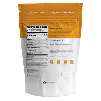 BLUEBIRD PROVISIONS Chicken Bone Broth Powder - Low Sodium Savory Protein Powder - Carnivore Protein Powder with 12 g Protein - Gut Healing and only 130 mg Sodium - Just 2 Ingredients - 7.1 oz