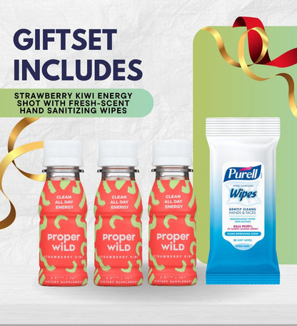 3x Proper Wild Shot Energy Strawberry Kiwi 2.5 FO Bundle with Hand Sanitizing Wipes – Clean Energy Shots with GreenTea Caffeine & L-Theanine for Focus and Endurance — Gift Set (4 Items)