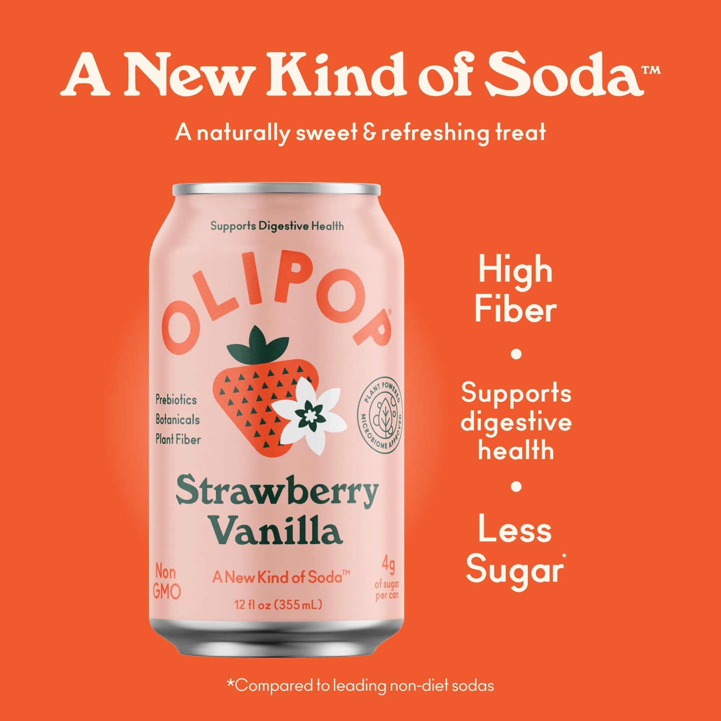 OLIPOP Prebiotic Soda Pop, Strawberry Vanilla, Prebiotics, Botanicals, Plant Fiber, 12 fl oz (4 Cans)