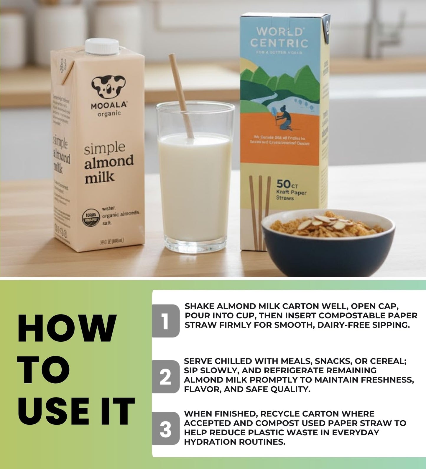 3x Milk Almond Organic Simple 32 fl oz Bundle with Paper Drinking Straws 50-Count – Smooth Plant-Based Almond Beverage with Sea Salt for Everyday Refreshment — Gift Set (4 Items)