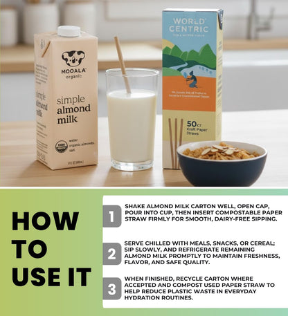 3x Milk Almond Organic Simple 32 fl oz Bundle with Paper Drinking Straws 50-Count – Smooth Plant-Based Almond Beverage with Sea Salt for Everyday Refreshment — Gift Set (4 Items)