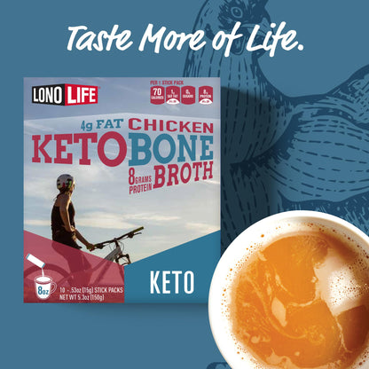 LonoLife Keto Chicken Bone Broth Powder Mix | 10g Protein | Collagen-Rich, Keto & Paleo Friendly | Natural Ingredients | 10 Portable Stick Pack Servings