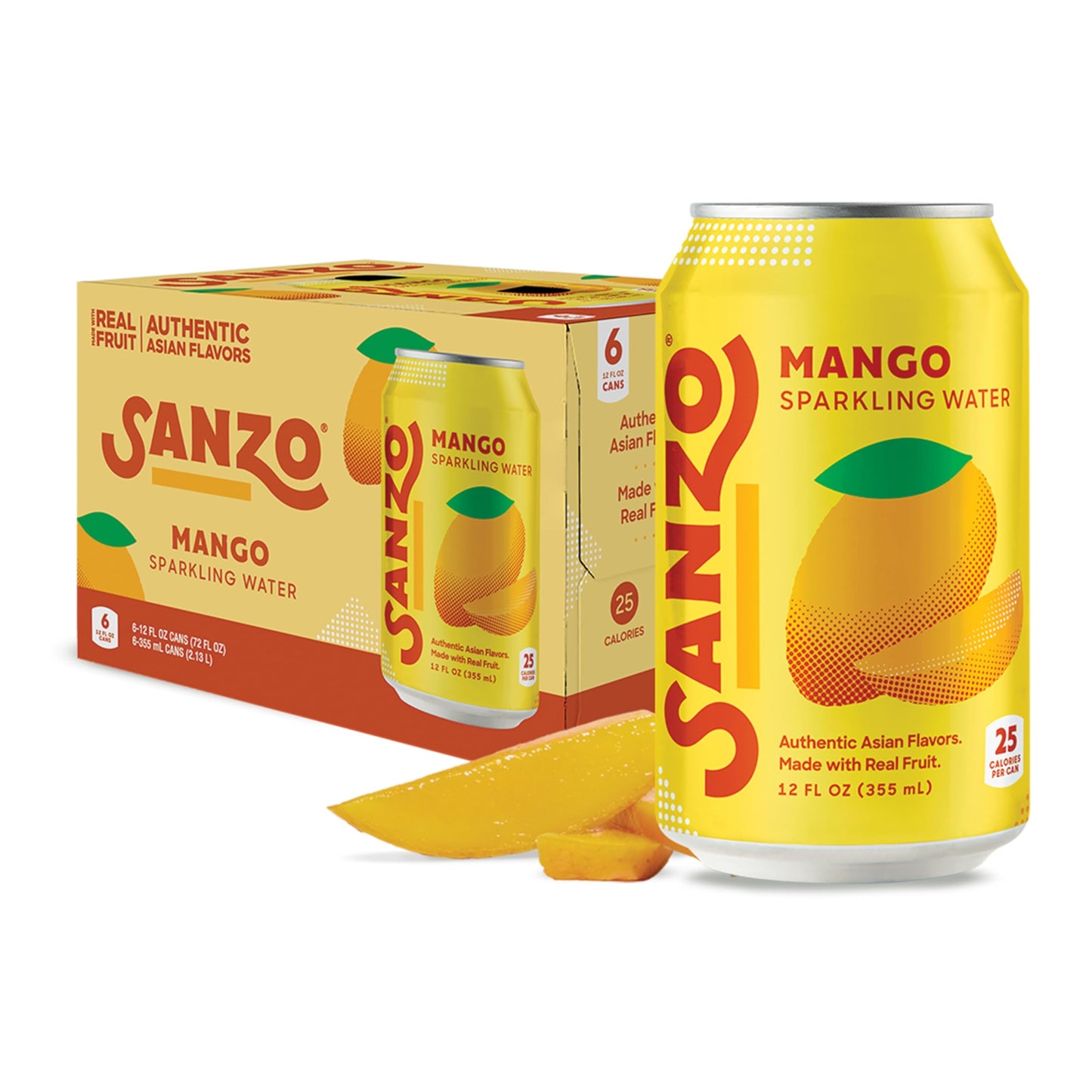 Sanzo Flavored Sparkling Water - Mango Seltzer - Low Calorie Low Sugar - Craft Asian Drinks - Vegan Gluten Free Carbonated Flavored Water - Fizzy Bubbly Healthy Drinks - 12oz, 6 Pack