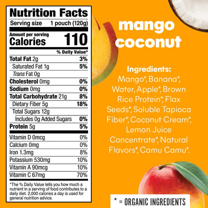 Noka Superfood Smoothie Pouches (Mango Coconut) 4 Pack, with Plant Protein, Prebiotic Fiber & Flax Seed, Organic, Gluten Free, Vegan, Healthy Fruit Squeeze Snack Pack, 4.22oz Ea