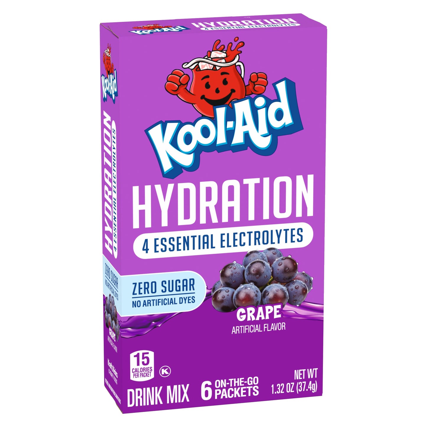Kool-Aid Hydration Electrolyte Powder Drink Mix, 6 On-the-Go-Packets, for Easy and Flavorful Hydration, Grape Artificial Flavor, Zero Sugar, No Artificial Dyes, Low Calorie, 1.32 oz Box