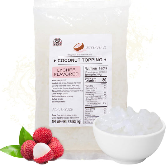 52USA Lychee Flavored Coconut Jelly 1kg (2.2 lbs) Topping for Desserts and Boba Tea, Premium Coconut Gel Strip for Smoothies and Drink