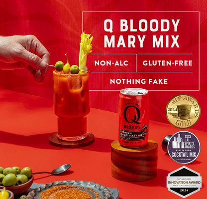 Q BLOODY MARY MIX, Real Vine-Ripened Tomatoes with 7 Herbs & Spices - Ideal for Cocktails & Mocktails - Made with Real Ingredients & Less Sweet - 30 Calories per Serving - 7.5 Fl oz Cans (Pack of 24)