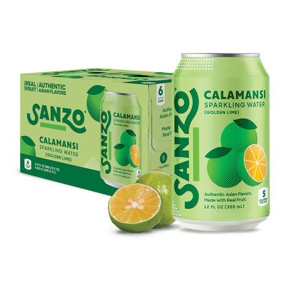 Sanzo Flavored Sparkling Water - Golden Lime Seltzer (Calamansi) - Low Calorie Low Sugar - Craft Asian Drinks - Vegan Gluten Free Carbonated Flavored Water - Fizzy Healthy Drinks - 12oz, 6 Pack