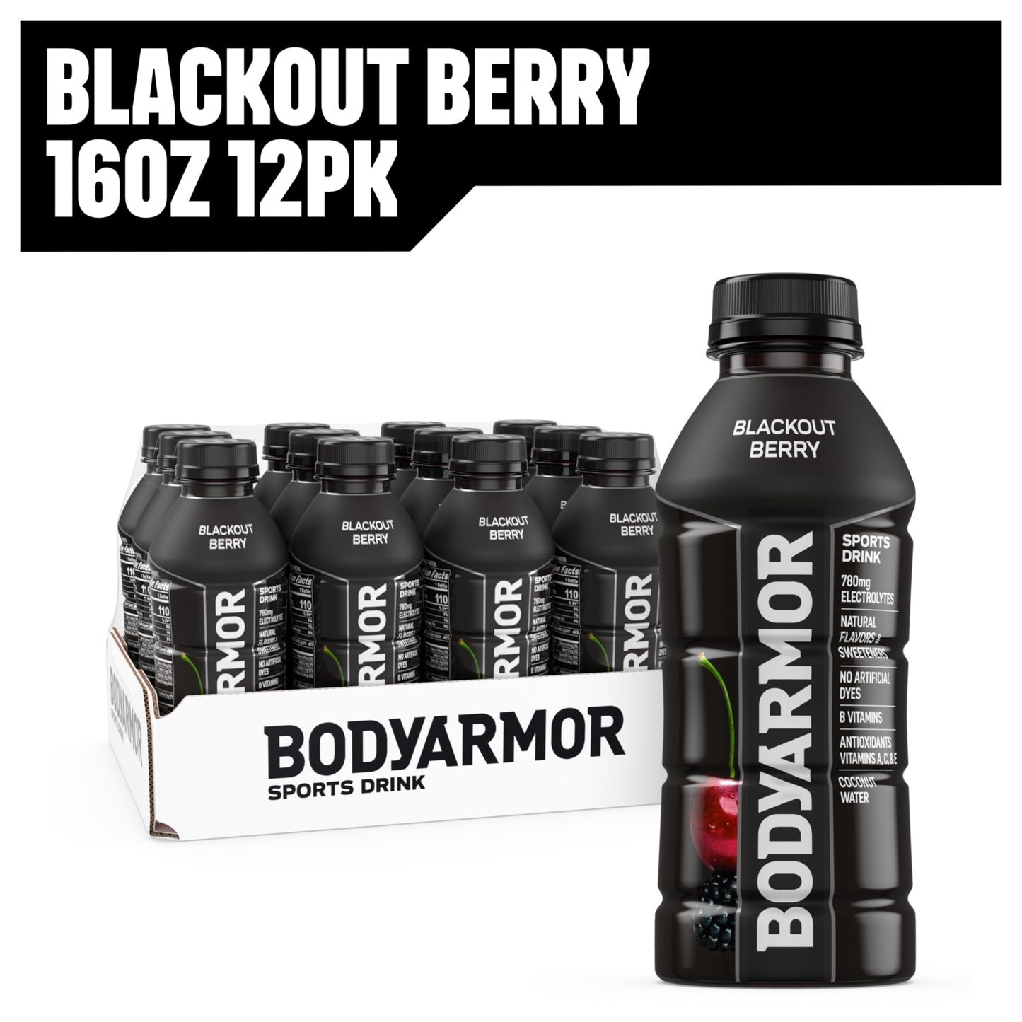 BODYARMOR Sports Drink Sports Beverage, Blackout Berry, Coconut Water Hydration, Natural Flavors With Vitamins, Potassium-Packed Electrolytes, Perfect For Athletes, 16 Fl Oz (Pack of 12)