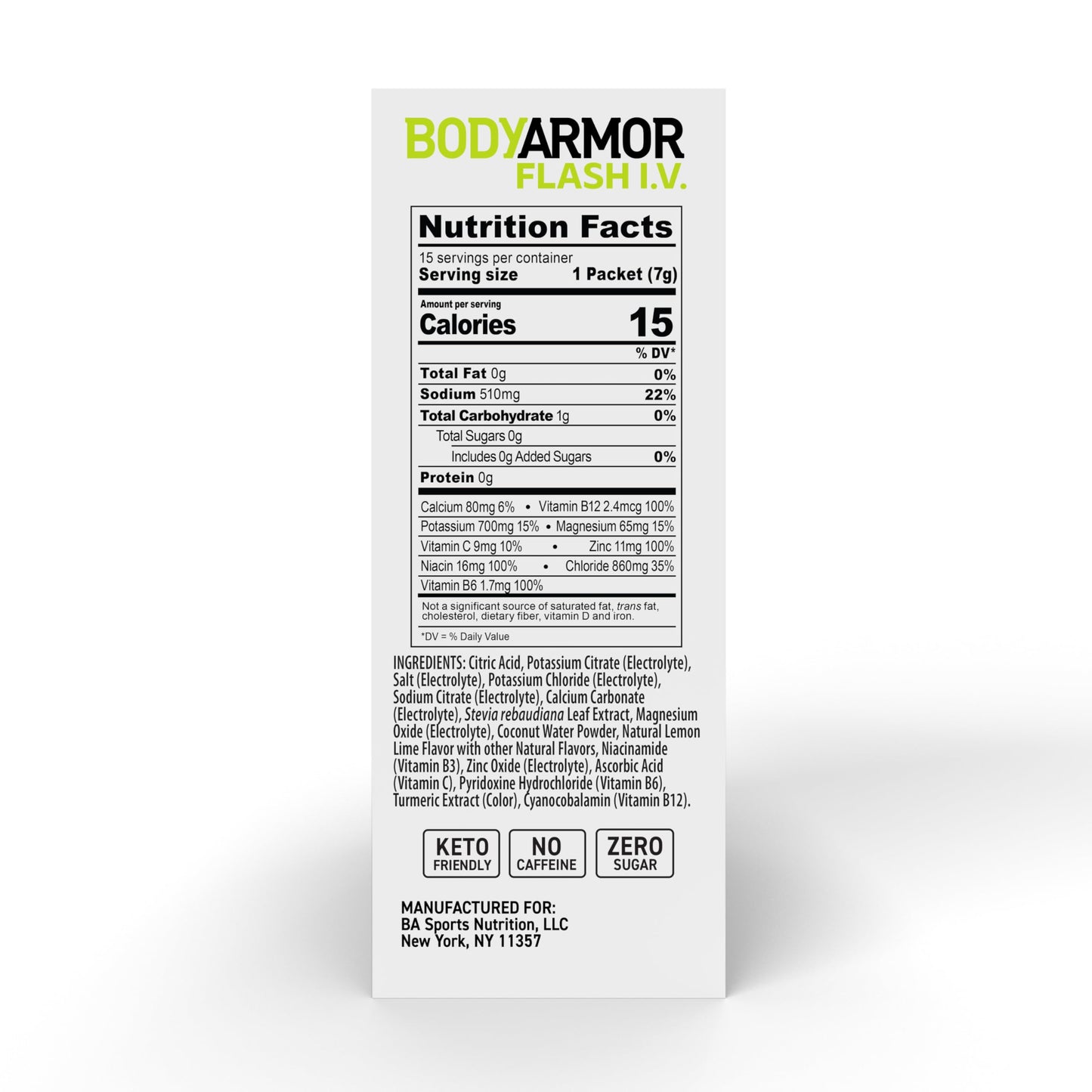 BODYARMOR Flash IV Electrolyte Packets, Lemon Lime - Zero Sugar Drink Mix, Single Serve Packs, Coconut Water Powder (15 Count)