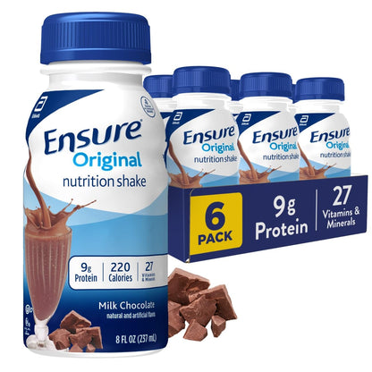 Ensure Original Milk Chocolate Nutrition Shake | Small Meal Replacement Shake | Ready To Drink | 9g Protein, 27 Vitamins and Minerals | 8 fl oz - 6 Pack