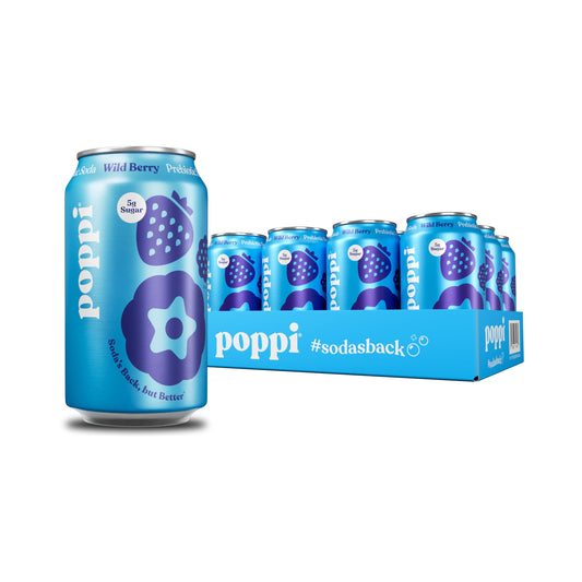 Poppi Sparkling Prebiotic Soda Beverage with Apple Cider Vinegar, Seltzer Water and Fruit Juice, Wild Berry Flavor, 12 oz, Pack of 12, Packaging May Vary.