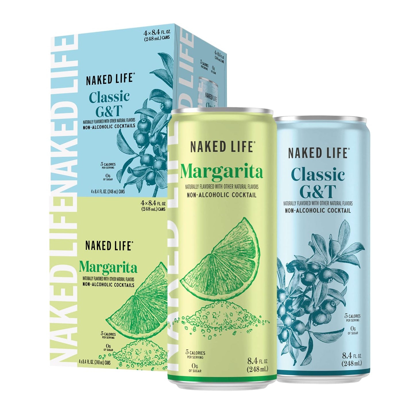 Naked Life Non-Alcoholic Drinks, Margarita 8.4 Fl Oz Cans, Pack Of 4 + Classic G&T 8.4 Fl Oz Cans, Pack Of 4