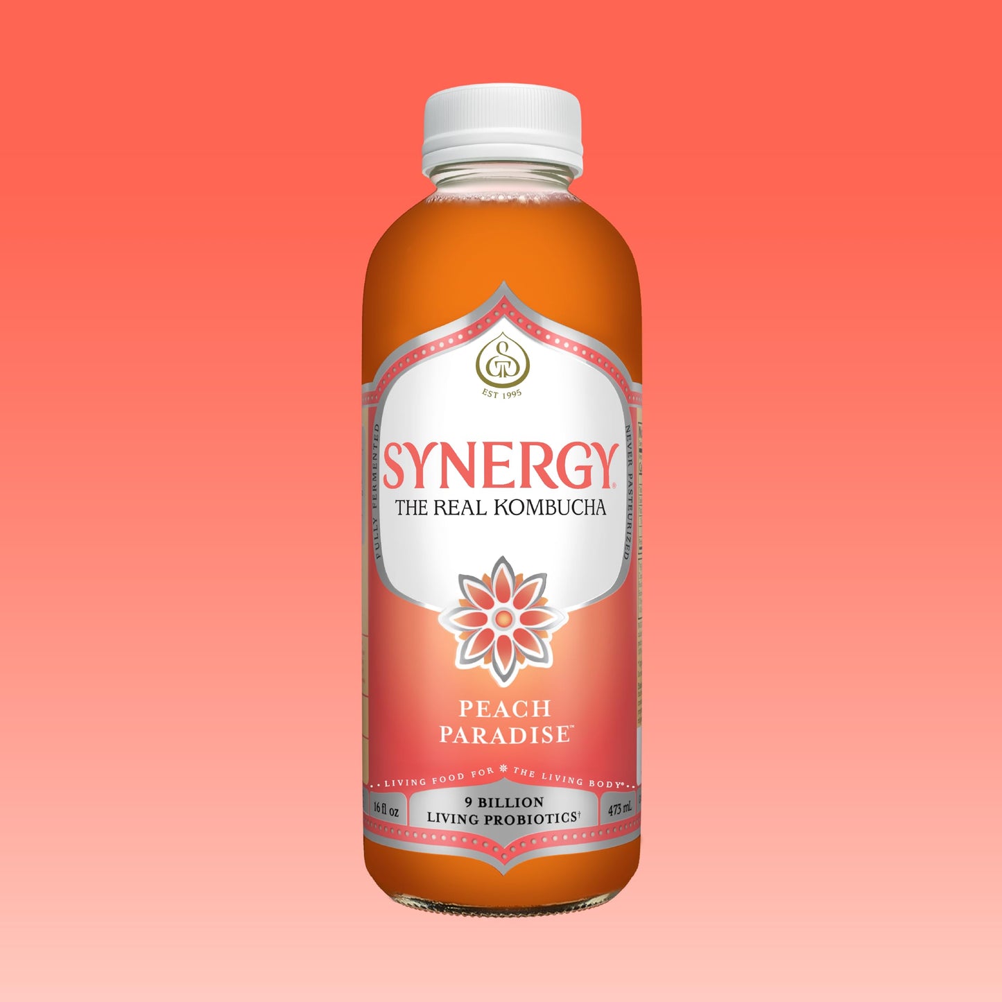 SYNERGY The Real Kombucha - Peach Paradise - 16 fl oz Bottle - Raw Probiotic Drink for Gut Health and Immune Support