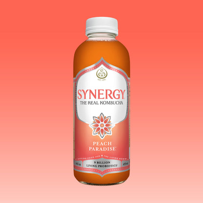 SYNERGY The Real Kombucha - Peach Paradise - 16 fl oz Bottle - Raw Probiotic Drink for Gut Health and Immune Support