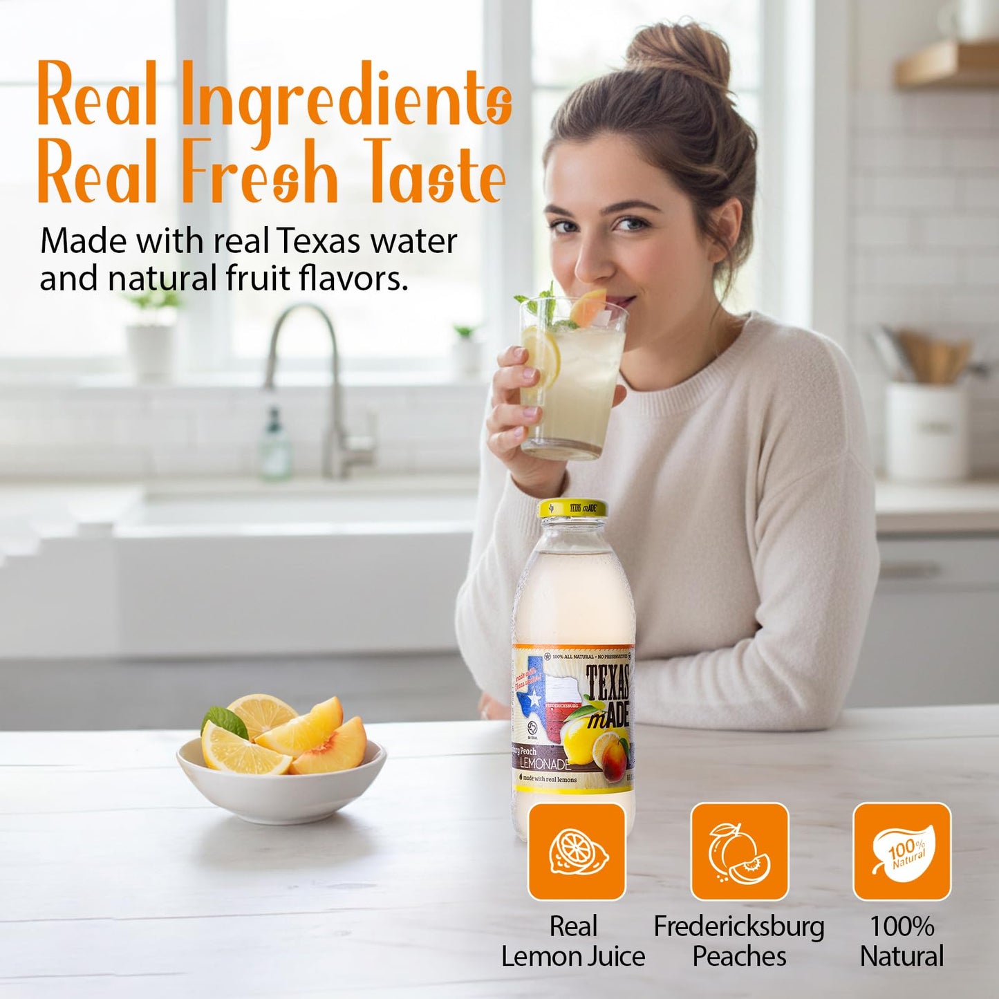 Texas mADE Fredericksburg Peach Lemonade, Lemonade Made with Pure Cane Sugar and Peach Flavor, No Preservatives, Texas Crafted Lemonade, 16 fl oz, Pack of 12