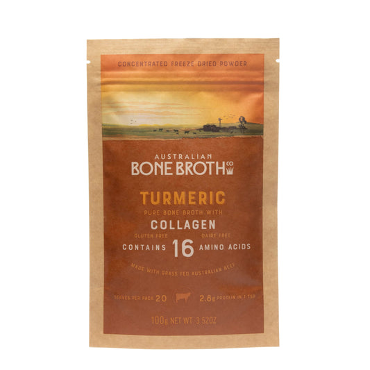 ABBCo Australian Beef Bone Broth Powder with Turmeric, Collagen Peptides - Support Bone Health, Enhance Energy & Mood, Aid Digestion - Gluten & Dairy Free, No Preservatives - 100g