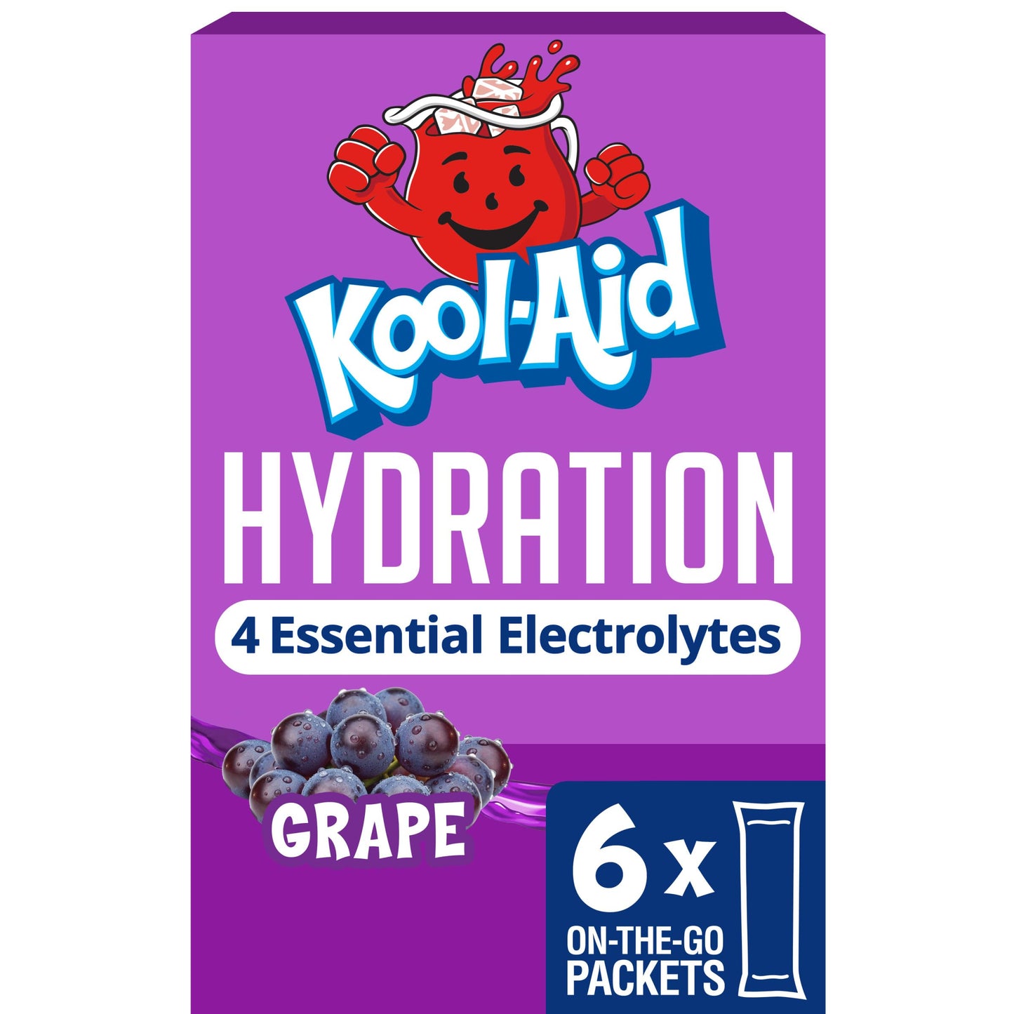 Kool-Aid Hydration Electrolyte Powder Drink Mix, 6 On-the-Go-Packets, for Easy and Flavorful Hydration, Grape Artificial Flavor, Zero Sugar, No Artificial Dyes, Low Calorie, 1.32 oz Box