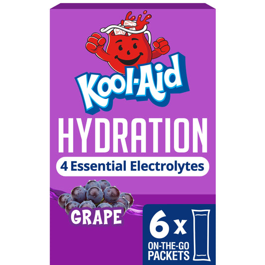 Kool-Aid Hydration Electrolyte Powder Drink Mix, 6 On-the-Go-Packets, for Easy and Flavorful Hydration, Grape Artificial Flavor, Zero Sugar, No Artificial Dyes, Low Calorie, 1.32 oz Box