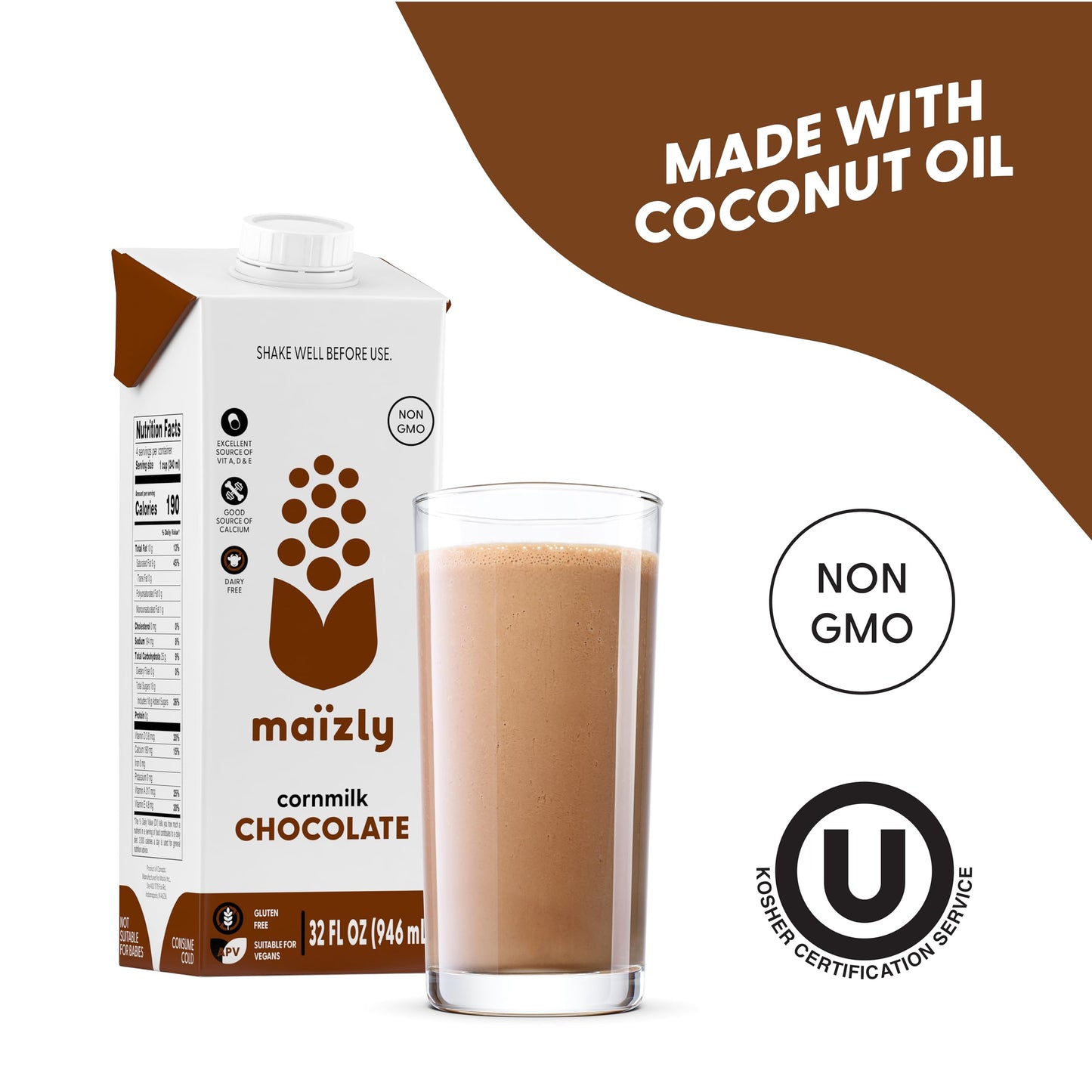 Maizly Chocolate Corn Milk, Non-GMO, Plant-Based & Non-Dairy Chocolate Flavored Drink, Gluten & Dairy-Free Alternative to Whole Milk, Kosher Drink for Kids & Adults, 946 ml