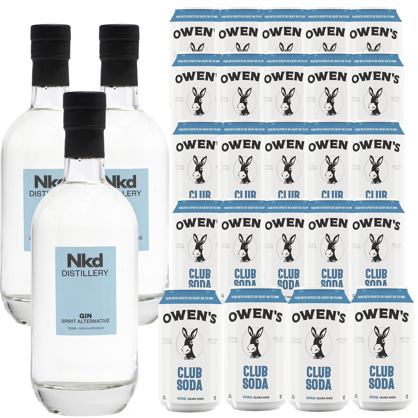 Nkd Distillery Gin Alternative Premium Non-Alcoholic Spirit 750 ML Bottles w Owen’s Mixers Club Soda 8.2 OZ Cans - Perfect for Mocktails - Made in USA