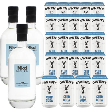 Nkd Distillery Gin Alternative Premium Non-Alcoholic Spirit 750 ML Bottles w Owen’s Mixers Club Soda 8.2 OZ Cans - Perfect for Mocktails - Made in USA