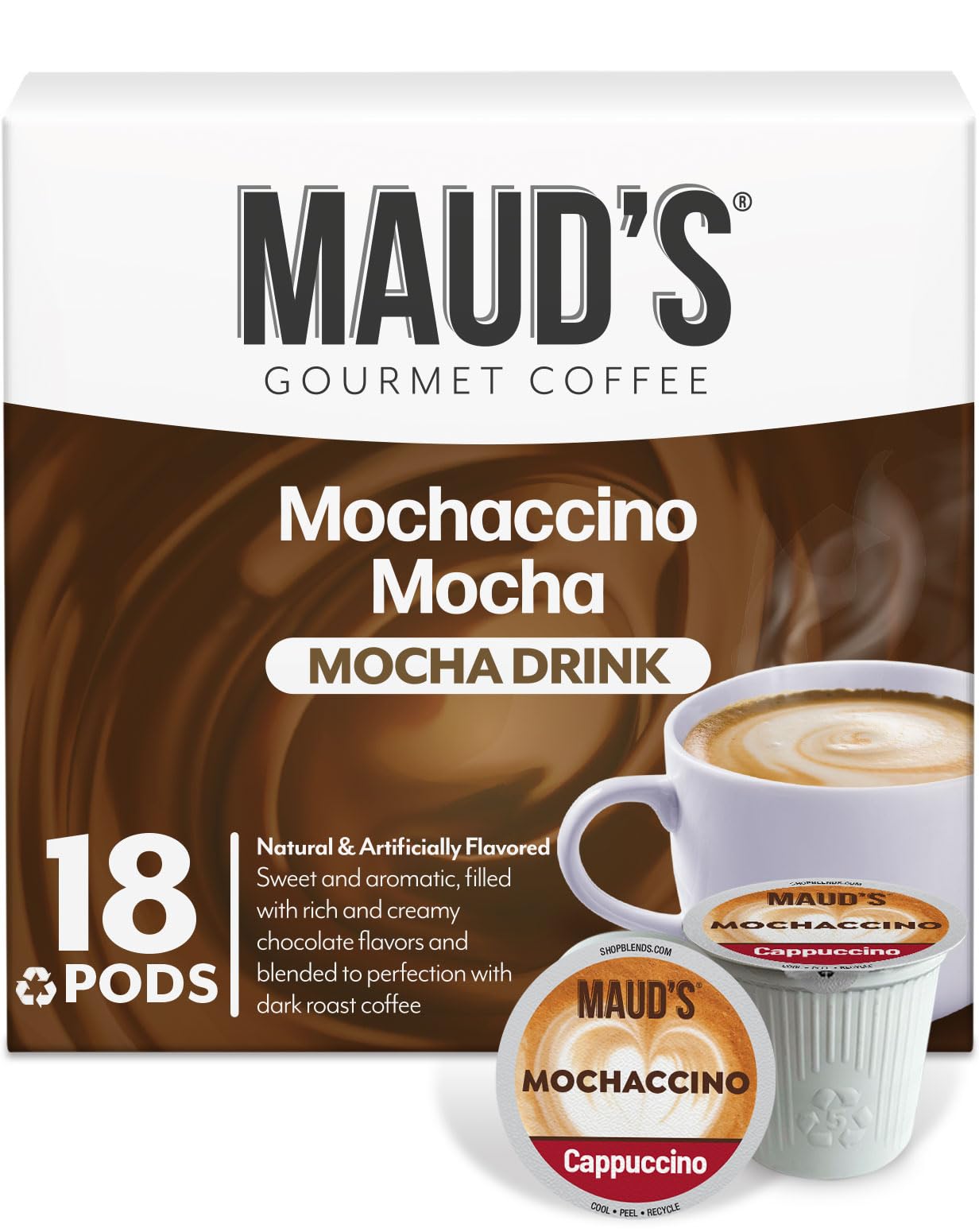 Maud's Chocolate Mocha Cappuccino Coffee Pods, 18ct - Mochaccino Mocha Flavor - Made with Gourmet Arabica Coffee, Pods Compatible with Keurig K Cups Maker