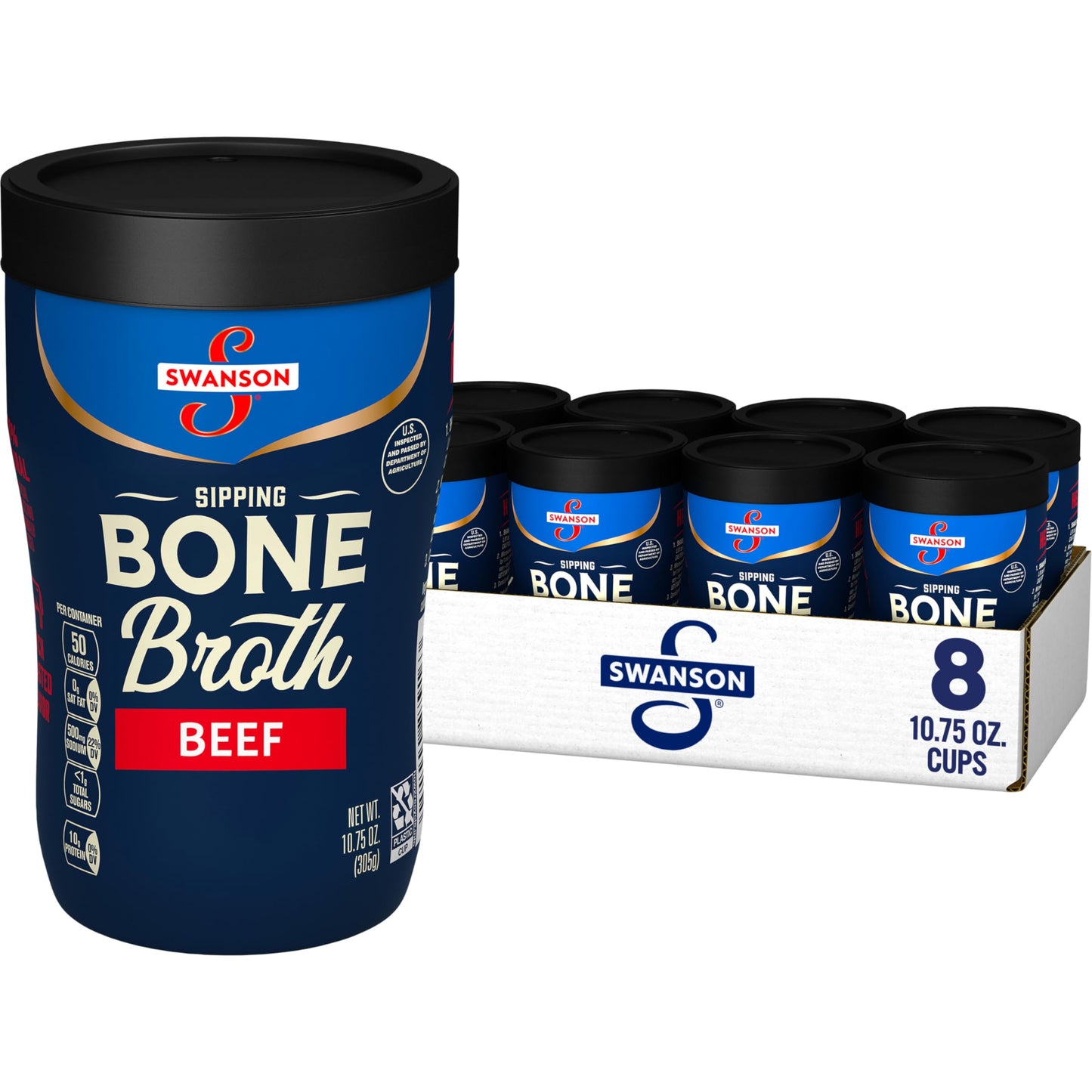 Swanson Sipping Beef Bone Broth, 10.75 oz Microwavable Cup (8 Pack)