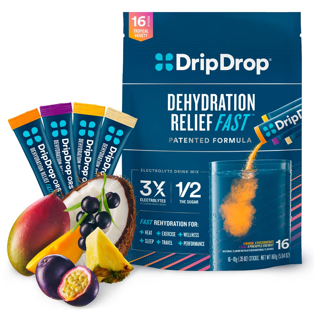 DripDrop Hydration 32-Pack Juicy Grape, Fruit Punch, Strawberry Lemonade, Cherry and 16-Pack Tropical Mango, Açaí, Passion Fruit, Pineapple Coconut Electrolyte Drink Mix Variety Packs