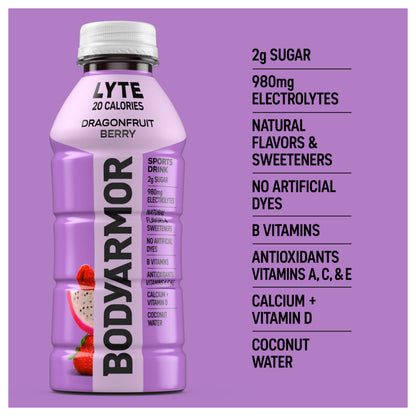 BODYARMOR LYTE, Blueberry Pomegranate & Dragonfruit Berry Electrolyte Drink, 20 Calories, 16 Fl Oz Bottles (24 bottles), Coconut Water Sports Drink, Natural Flavor & B Vitamins