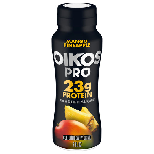 Oikos Pro Mango Pineapple Cultured Dairy Drink, 23 Grams of Protein, 0g Added Sugar, Just Delicious High Protein Snacks, 7 FL OZ Bottle