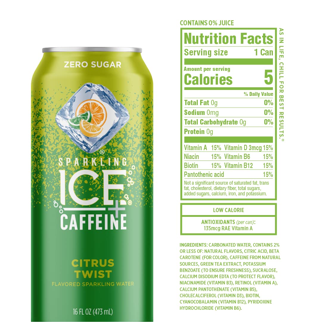 Sparkling Ice® +Caffeine, Citrus Twist Flavored Sparkling Water with Caffeine, Zero Sugar, with Vitamins and Antioxidants, Low Calorie Beverage, 16 fl oz Can (Pack of 2)