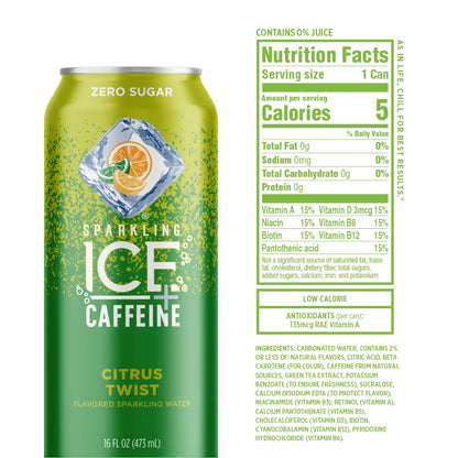 Sparkling Ice® +Caffeine, Citrus Twist Flavored Sparkling Water with Caffeine, Zero Sugar, with Vitamins and Antioxidants, Low Calorie Beverage, 16 fl oz Can (Pack of 2)