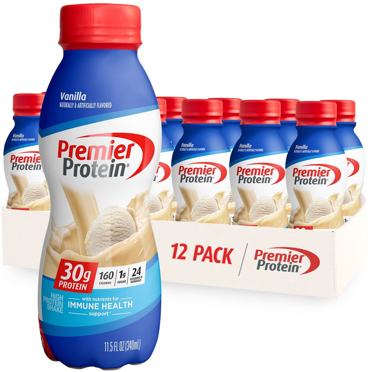 Premier Protein Shake Vanilla & Bananas & Cream, 30g Protein, 1g Sugar, 24 Vitamins & Minerals, 12 Pack Bundle