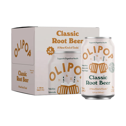 OLIPOP Prebiotic Soda Pop, Classic Root Beer, Prebiotics, Botanicals, Plant Fiber, 12 fl oz (4 Cans)