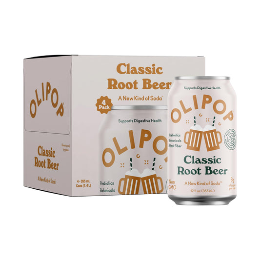 OLIPOP Prebiotic Soda Pop, Classic Root Beer, Prebiotics, Botanicals, Plant Fiber, 12 fl oz (4 Cans)