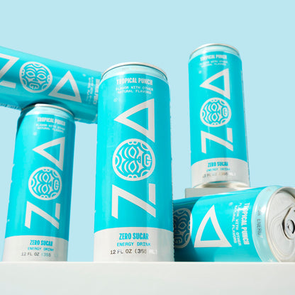 ZOA Zero Sugar Energy Drink Variety Pack, Sugar Free with Electrolytes, Healthy Vitamin C, Amino Acids, Essential B-Vitamins, and Caffeine from Green Tea, 18 12 oz cans, White Peach, Tropical Punch, Frosted Grape