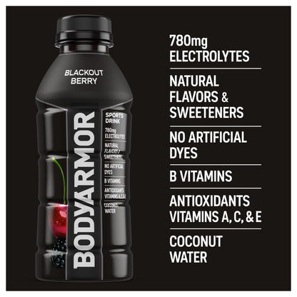 BODYARMOR Sports Drink Sports Beverage, Blackout Berry, Coconut Water Hydration, Natural Flavors With Vitamins, Potassium-Packed Electrolytes, Perfect For Athletes, 16 Fl Oz (Pack of 12)