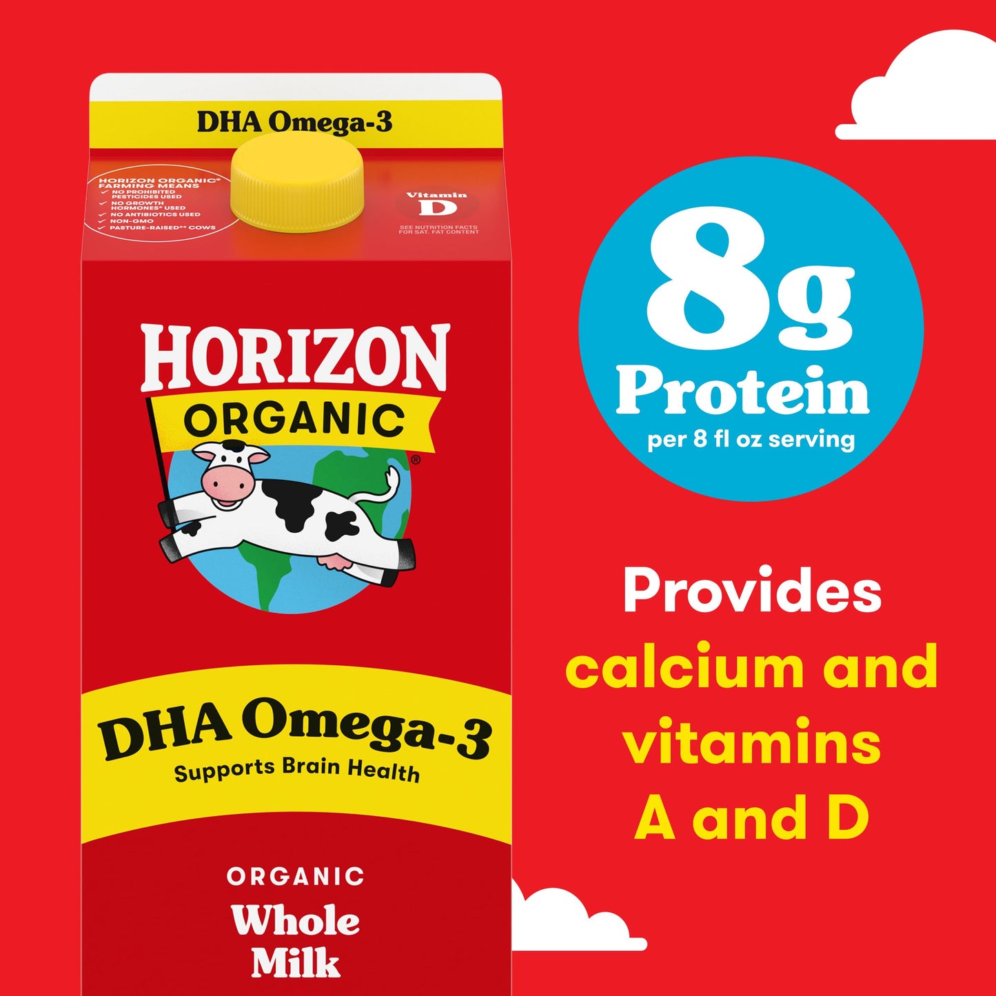 Horizon Organic DHA Omega-3 Milk, DHA Whole Milk, 64 fl oz Half Gallon Carton